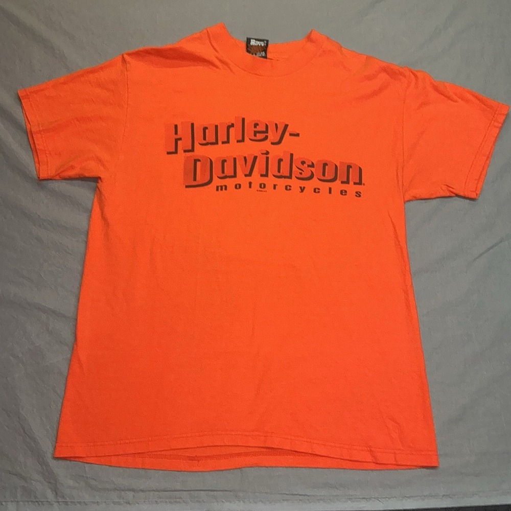 Harley Davidson Shirt Mens Lg Orange Motorcycle Biker Crew Neck Classic Denver